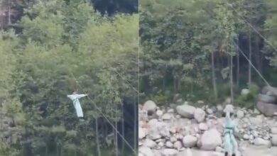 On the left is the girl enjoying her ride before her harness snaps, and she falls to the ground