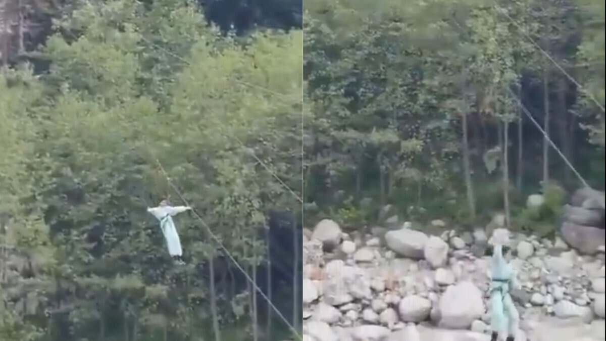 On the left is the girl enjoying her ride before her harness snaps, and she falls to the ground