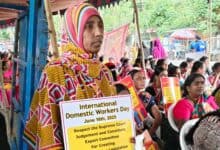 Domestic workers at Dharna Chowk on Monday