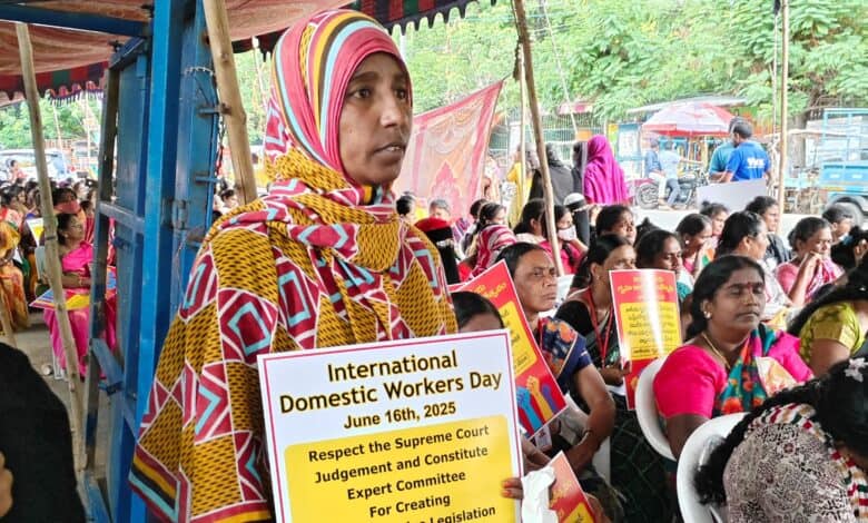Domestic workers at Dharna Chowk on Monday