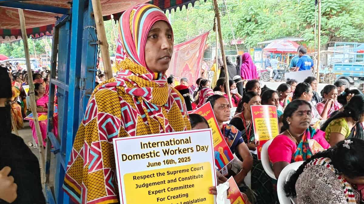 Domestic workers at Dharna Chowk on Monday