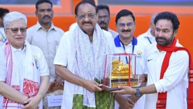 Former Vice President Venkaiah Naidu in Hyderabad along with Union minister G Kishan Reddy and Telangana Governor Jishnu Dev Varma