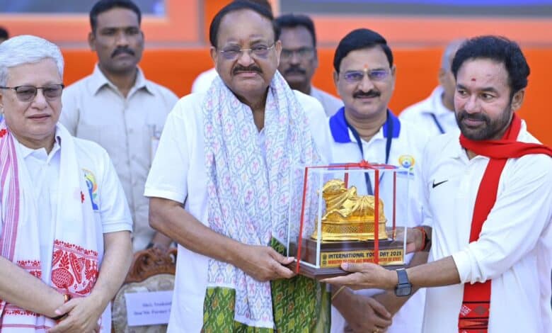 Former Vice President Venkaiah Naidu in Hyderabad along with Union minister G Kishan Reddy and Telangana Governor Jishnu Dev Varma