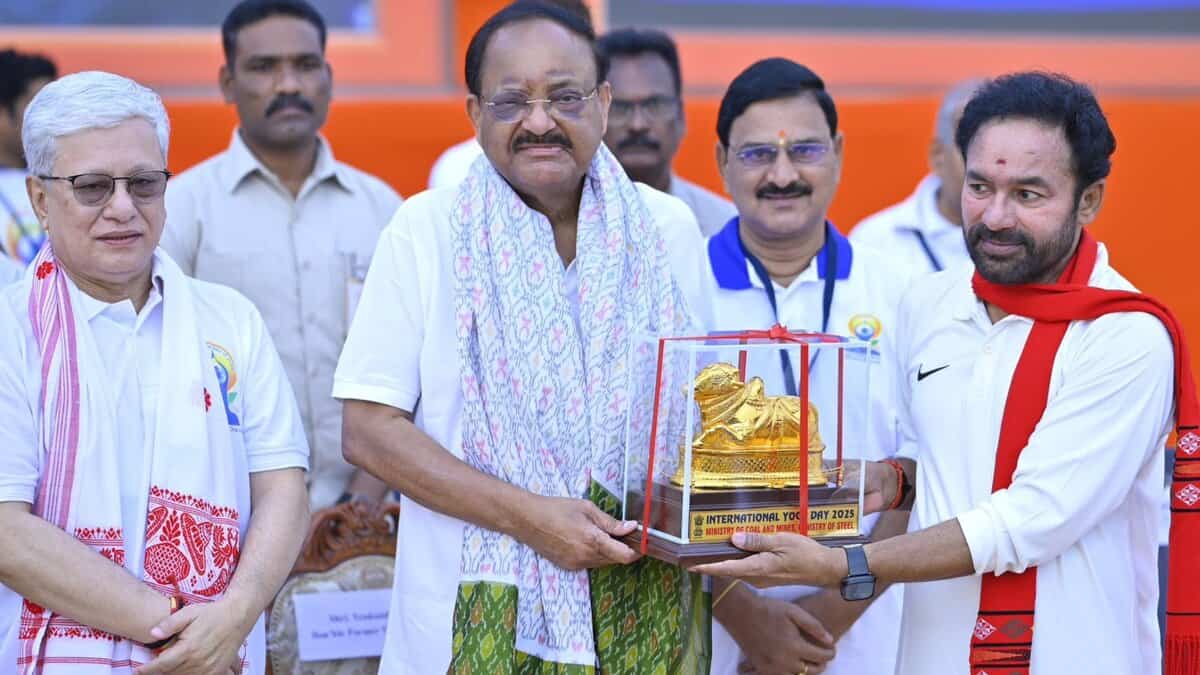 Former Vice President Venkaiah Naidu in Hyderabad along with Union minister G Kishan Reddy and Telangana Governor Jishnu Dev Varma