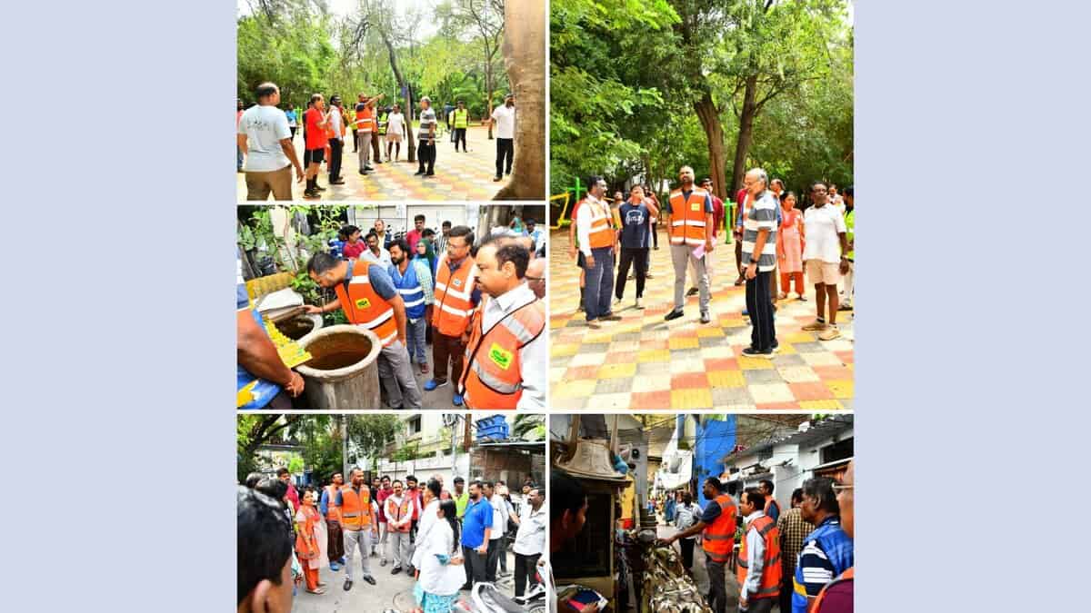 GHMC Commissioner RV Karnan interacting with walkers at Indira Park on Friday