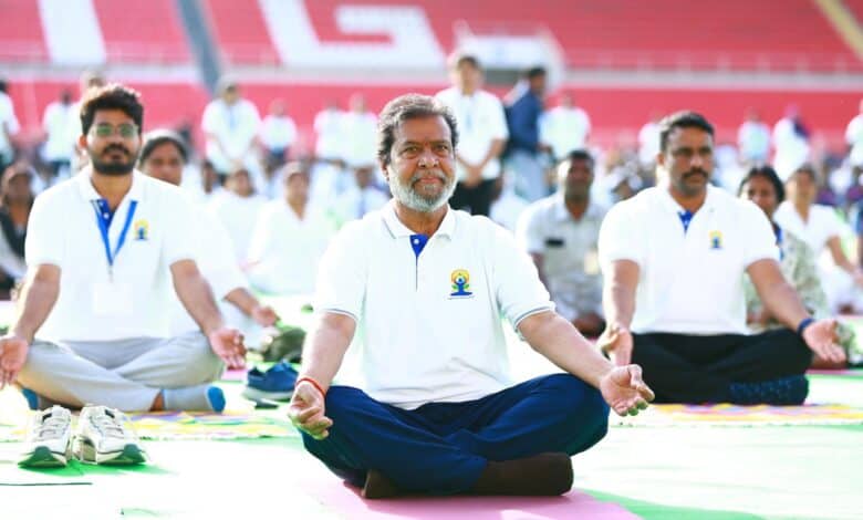 Telangana health minister Damoda Raja Narasimha participates in International Yoga Day programme in Hyderabad