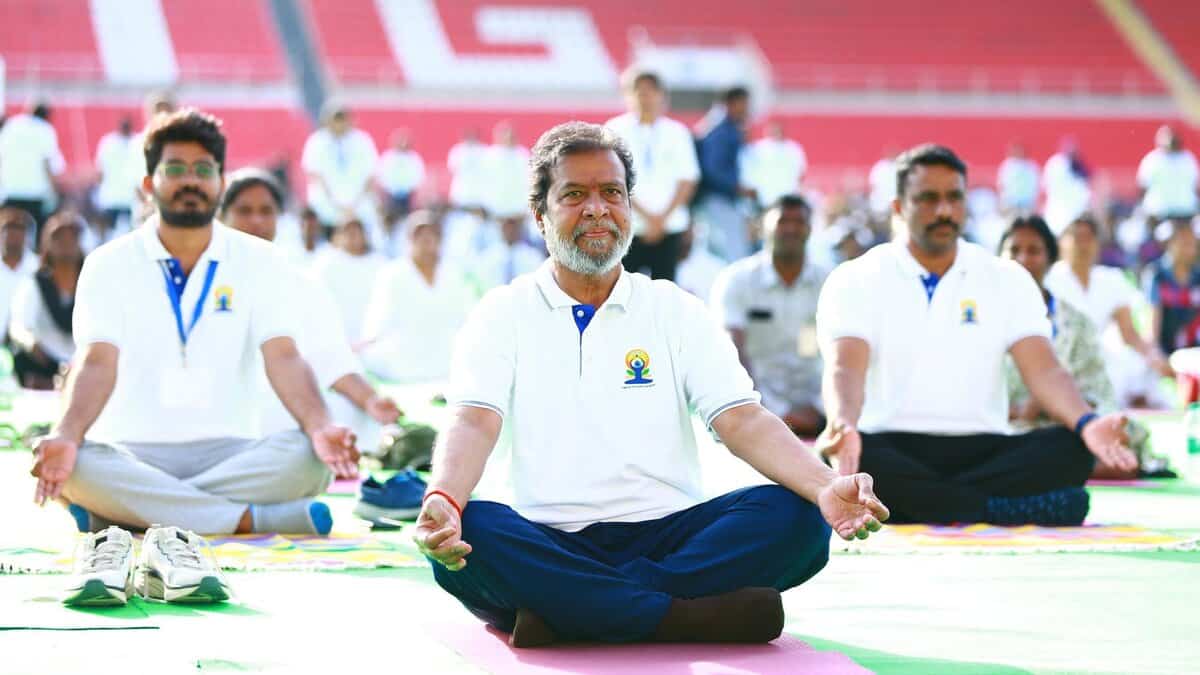 Telangana health minister Damoda Raja Narasimha participates in International Yoga Day programme in Hyderabad