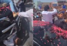 On the left a man comes under former Andhra CM Jagan Mohan Reddy convoy. On the right, an unaware Reddy is seen waving at his supporters