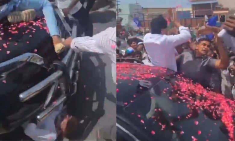 On the left a man comes under former Andhra CM Jagan Mohan Reddy convoy. On the right, an unaware Reddy is seen waving at his supporters