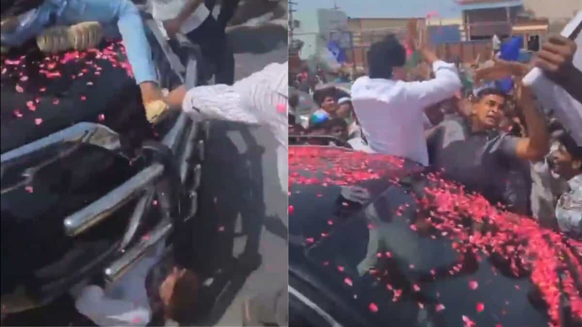 On the left a man comes under former Andhra CM Jagan Mohan Reddy convoy. On the right, an unaware Reddy is seen waving at his supporters