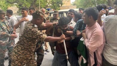 Delhi Police detaining students for participating in a Pro Palestine demonstration outside the Israeli Embassy in the national capital on Monday