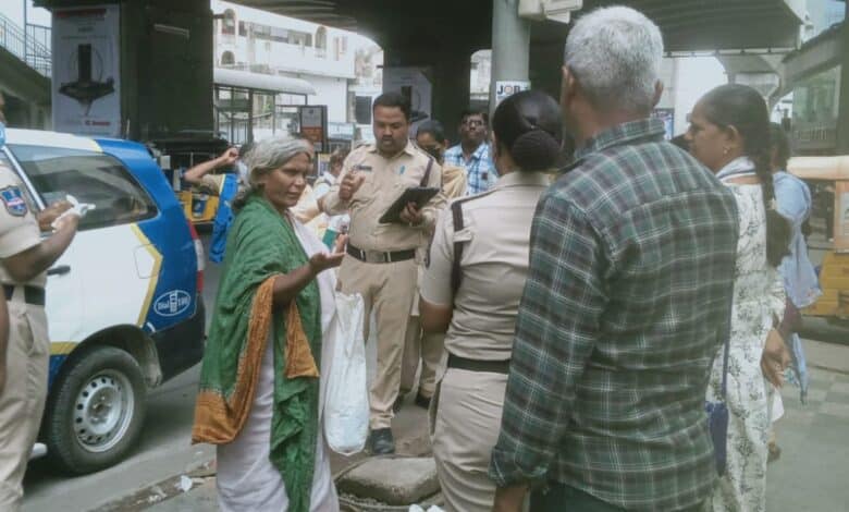 A homeless woman being relocated in Hyderabad