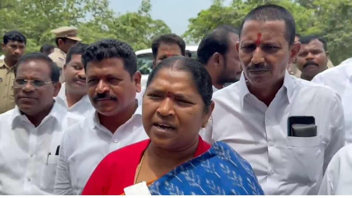 Telangana Panchayat Raj minister Seethakka speaks to the media in Mulugu
