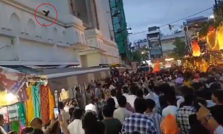 Slipper (circled red) thrown at Shahi Masjid mosque in Madhya Pradesh during Jagannath Rath Yatra