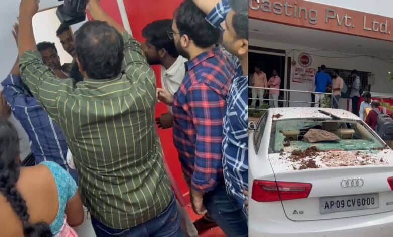 MAHAA TV workers against angry BRS workers (left) A damaged car outside the office