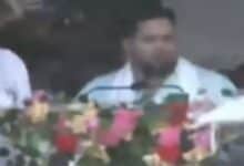 RJD leader Tejashwi Yadav ducks on stage