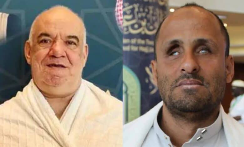 Side-by-side photo of two men. On the left is Luis Abi Rachid, a 70-year-old pilgrim from Uruguay wearing white Ihram clothing and smiling. On the right is Sheikh Majid al-Khudairi, a blind imam from Taiz, Yemen, with a trimmed beard and white clothing, looking slightly upward.