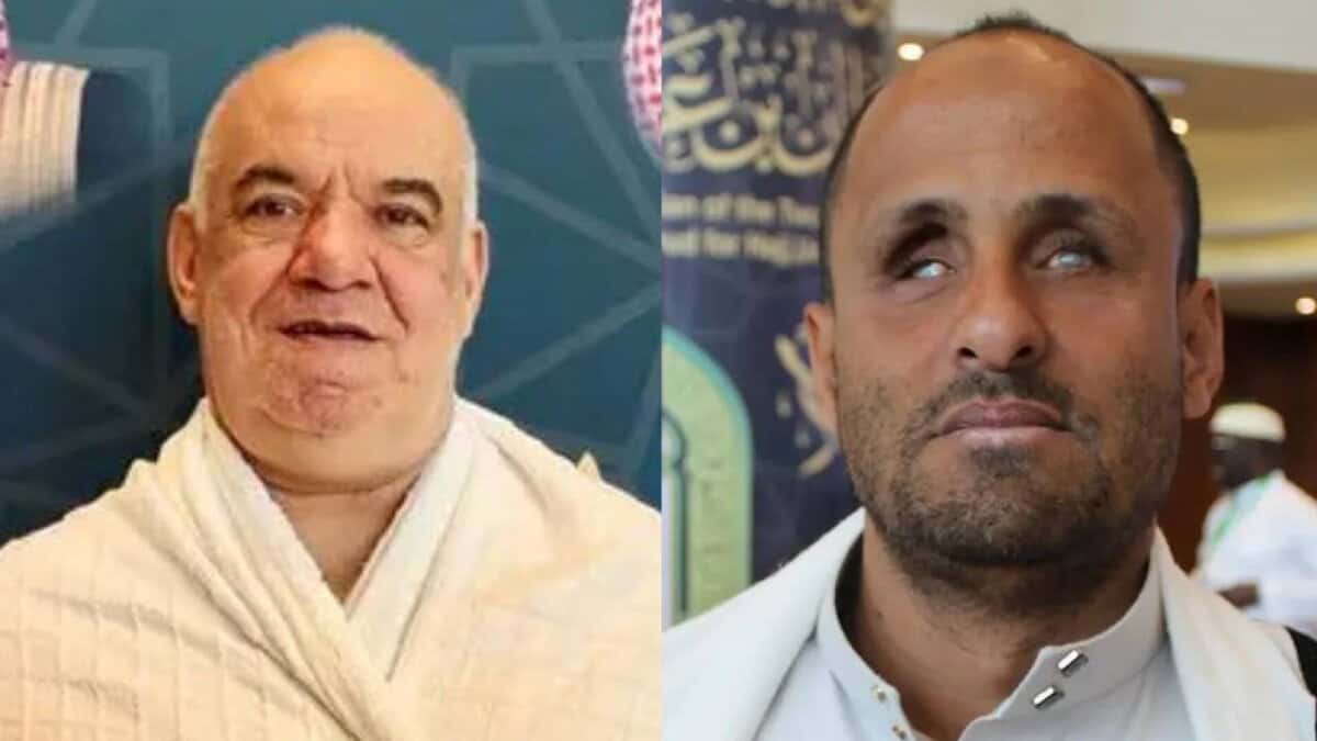 Side-by-side photo of two men. On the left is Luis Abi Rachid, a 70-year-old pilgrim from Uruguay wearing white Ihram clothing and smiling. On the right is Sheikh Majid al-Khudairi, a blind imam from Taiz, Yemen, with a trimmed beard and white clothing, looking slightly upward.