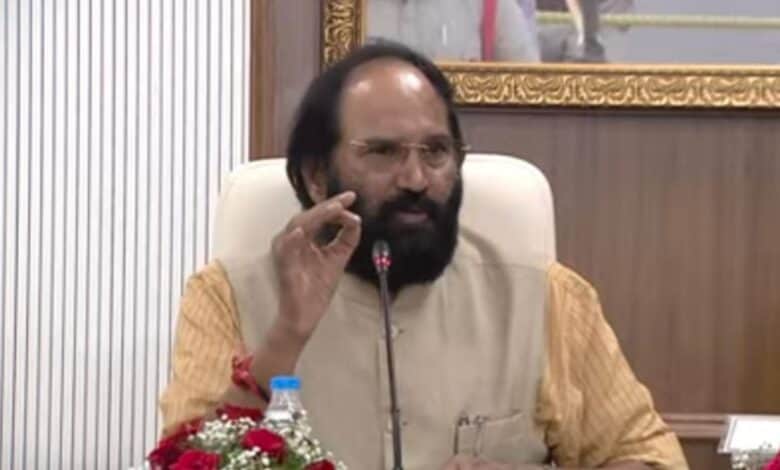 Uttam Kumar Reddy addressing the all-party meeting of Telangana MPs on Polavaram-Banakacherla Link Project on Wednesday, June 18, 2025.