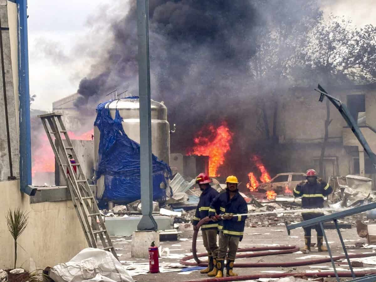 Firefighters try to extinguish a fire that broke out in a chemical factory, at Pashamylaram, Telangana, Monday, June 30, 2025. (PTI Photo)