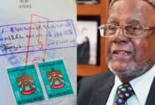 A side-by-side image showing a close-up of an Indian passport page with old UAE visa stamps and two commemorative stamps, next to a portrait of Haji N Jamaluddin wearing a traditional cap and suit, smiling during the tribute ceremony.