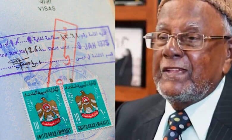 A side-by-side image showing a close-up of an Indian passport page with old UAE visa stamps and two commemorative stamps, next to a portrait of Haji N Jamaluddin wearing a traditional cap and suit, smiling during the tribute ceremony.