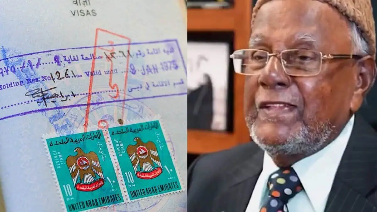 A side-by-side image showing a close-up of an Indian passport page with old UAE visa stamps and two commemorative stamps, next to a portrait of Haji N Jamaluddin wearing a traditional cap and suit, smiling during the tribute ceremony.