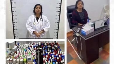 A collage showing an Indian woman arrested in Kuwait for illegally practising medicine. The first image shows her standing in front of a height chart wearing a doctor’s coat with a stethoscope. The second image shows her seated at a desk in a clinic. The third image displays a large collection of assorted medicine bottles and supplies.