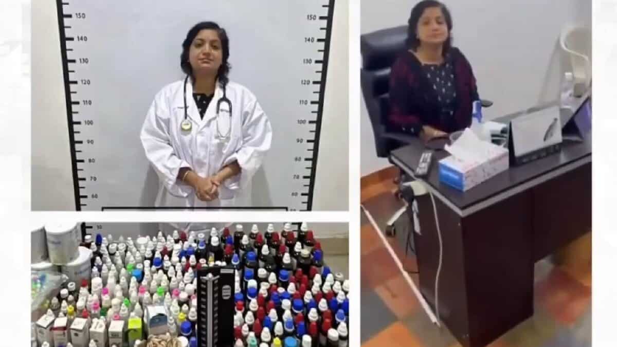 A collage showing an Indian woman arrested in Kuwait for illegally practising medicine. The first image shows her standing in front of a height chart wearing a doctor’s coat with a stethoscope. The second image shows her seated at a desk in a clinic. The third image displays a large collection of assorted medicine bottles and supplies.
