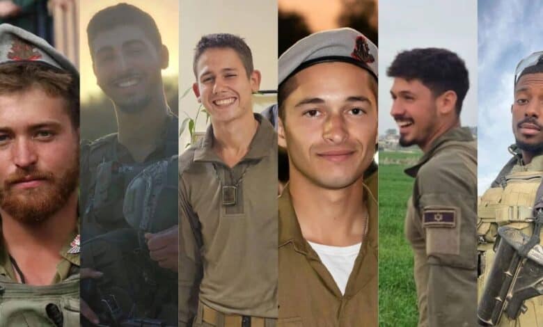 Portrait collage of six Israeli soldiers in uniform who were killed in an explosion in Khan Younis, Gaza.