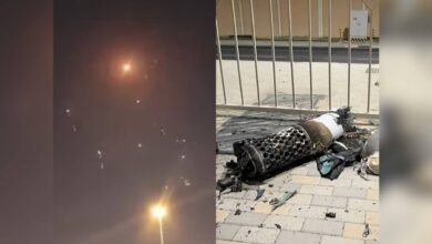Two images: left shows a missile exploding in the night sky over Qatar; right shows missile debris on a pavement by a fence, June 23, 2025.
