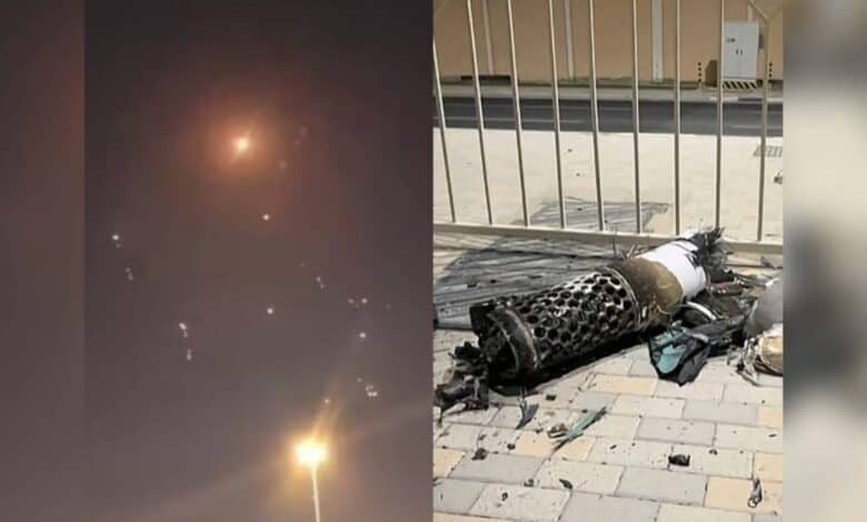 Two images: left shows a missile exploding in the night sky over Qatar; right shows missile debris on a pavement by a fence, June 23, 2025.