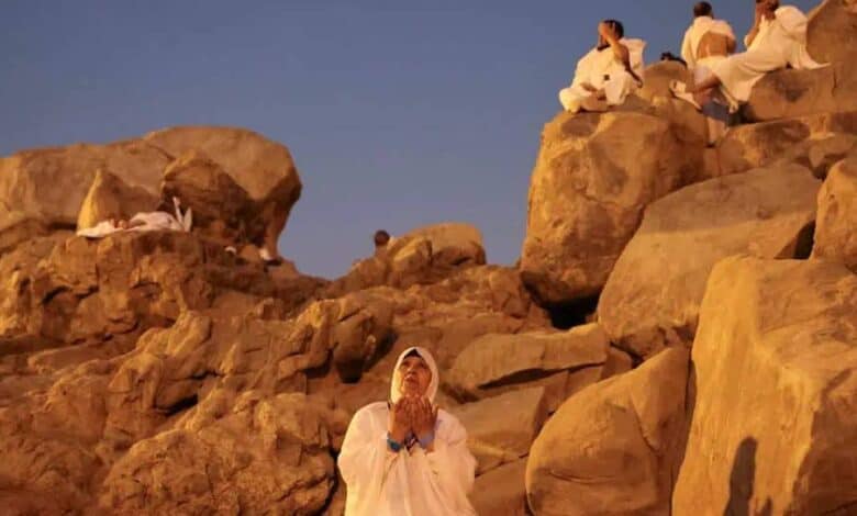 Haj pilgrims pray and reflect on the rocky slopes of Mount Arafat during the Day of Arafat, the spiritual peak of the Haj pilgrimage in Makkah, Saudi Arabia.