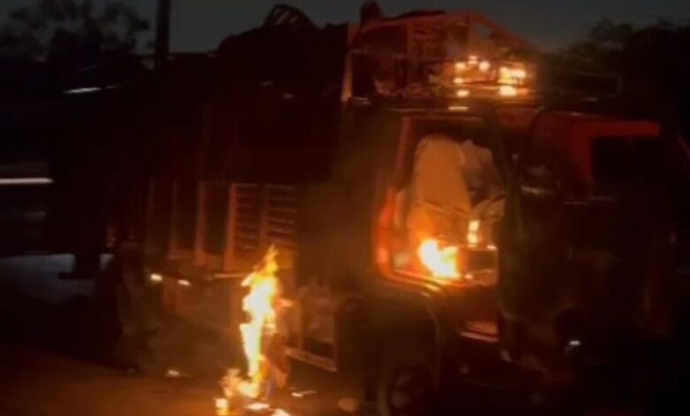 Image of a vehicle getting torched. Hyderabad: Vehicle carrying animal waste torched in Jalpally