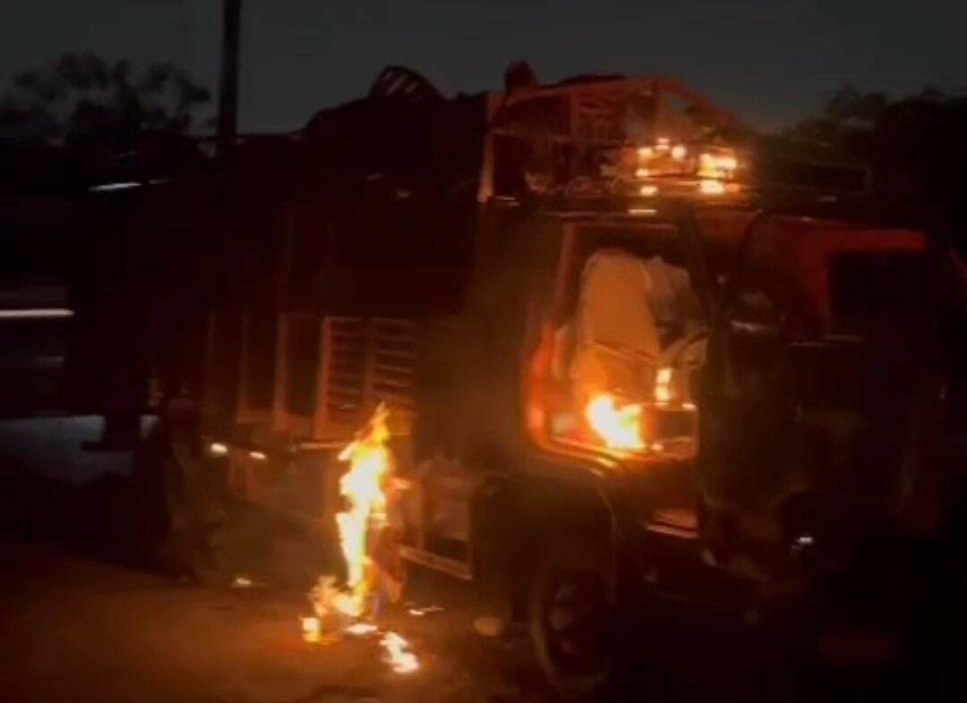 Image of a vehicle getting torched. Hyderabad: Vehicle carrying animal waste torched in Jalpally