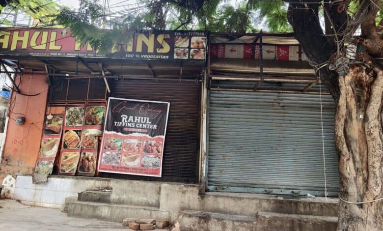 Businesses suffer on Banjara Hills Rd No 12 due to politics, police. Image of shops on Banjara Hills Rd No 12.