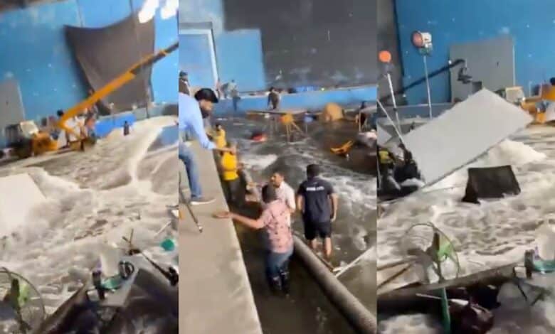 A water tank burst caused flooding on film set in Shamshabad
