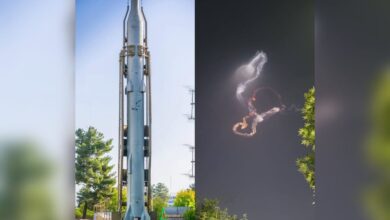 A composite image of Iran’s Sejjil missile. The left side shows the missile on a launch platform during daylight, with trees and antenna structures in the background. The right side captures the missile’s bright vapour trail in the night sky, forming a twisting pattern above treetops.