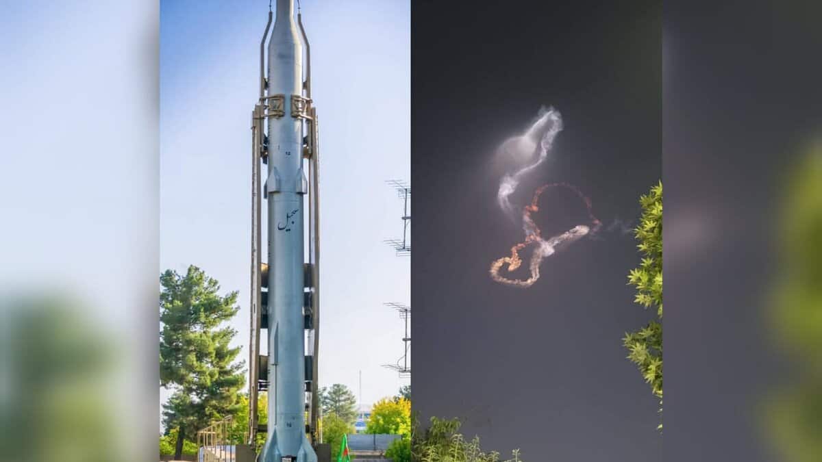 A composite image of Iran’s Sejjil missile. The left side shows the missile on a launch platform during daylight, with trees and antenna structures in the background. The right side captures the missile’s bright vapour trail in the night sky, forming a twisting pattern above treetops.