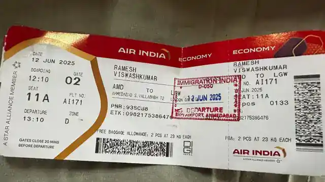 A clear photo of an Air India boarding pass issued to Vishwash Kumar Ramesh, showing seat 11A for flight AI117 from Ahmedabad to London on June 12.