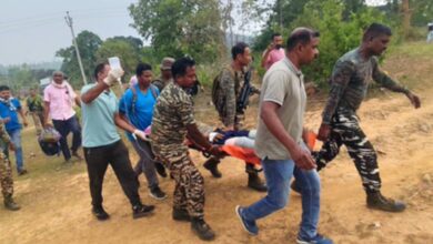 Image shows Central Reserve Police Force (CRPF) personnel and other officials carrying injured ASI Satwan Singh after he was wounded in an IED blast during an anti-Naxal operation in Odisha.