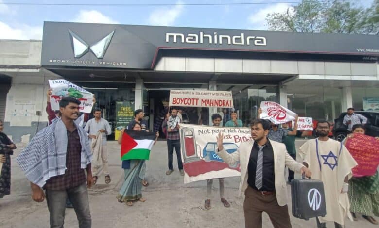 Pro-Palestine activists protest at Mahindra outlet in Hyderabad