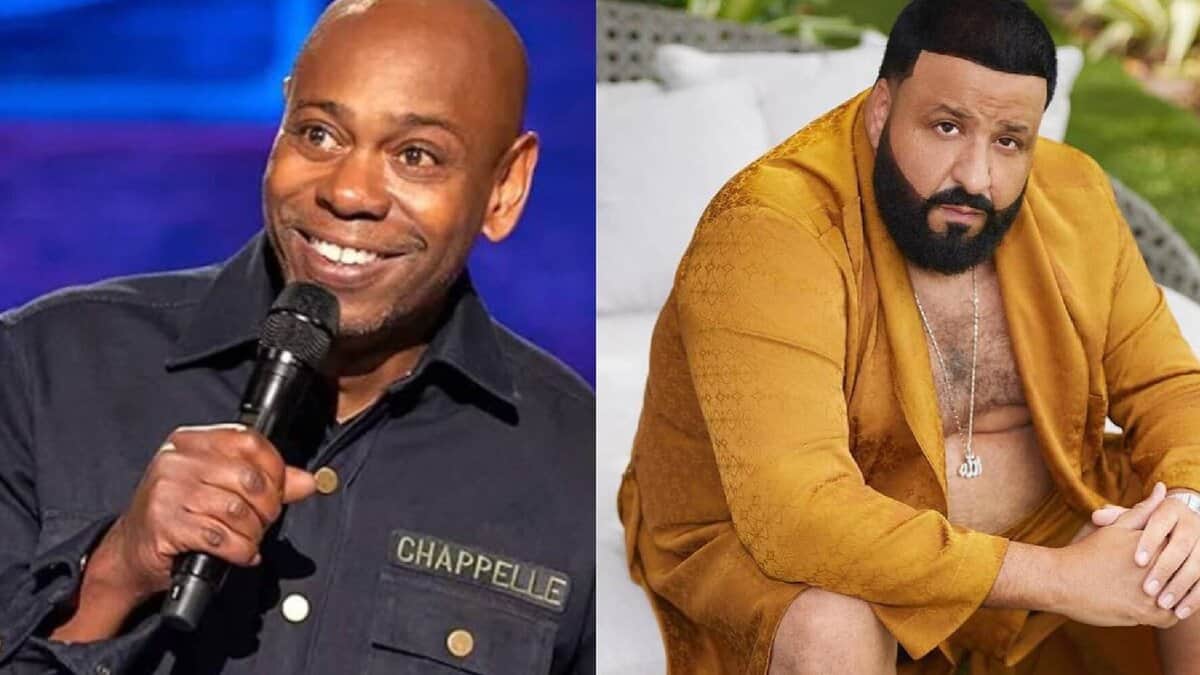 Dave Chappelle (left) holding a microphone and smiling during a performance, and DJ Khaled (right) seated outdoors in a gold outfit with a serious expression.