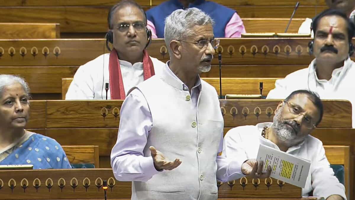 New Delhi: External Affairs Minister S Jaishankar speaks during a debate in the Lok Sabha on the Pahalgam terror attack and Operation Sindoor, at the Monsoon session of Parliament, in New Delhi, Monday, July 28, 2025.