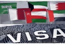 Flags of six GCC countries (Saudi Arabia, Qatar, Oman, Kuwait, Bahrain, UAE) displayed above a visa document.