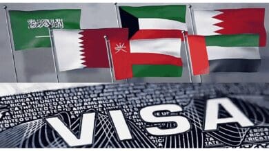 Flags of six GCC countries (Saudi Arabia, Qatar, Oman, Kuwait, Bahrain, UAE) displayed above a visa document.