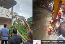 The HYDRAA MET and DRF teams remove waste and silt from the storm water drains, and clear nala encroachments in GHMC areas on Friday, July 4, 2025.