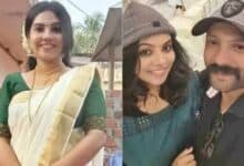 Athulya Sekhar in a saree (left) and with husband Satheesh in a cap (right), both smiling.