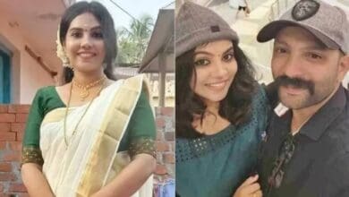 Athulya Sekhar in a saree (left) and with husband Satheesh in a cap (right), both smiling.