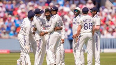 India's Jasprit Bumrah greets the gathering after taking a five-wicket